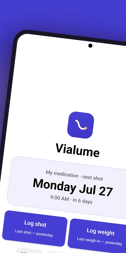 Vialume home screen with the next-shot card and log buttons