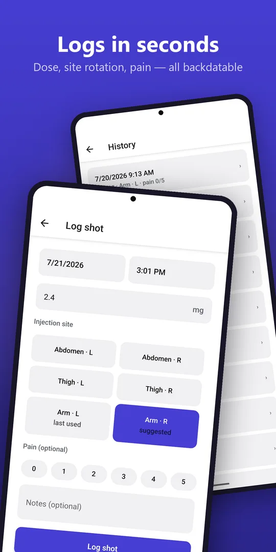 Logs in seconds — shot logging with injection-site body map and history