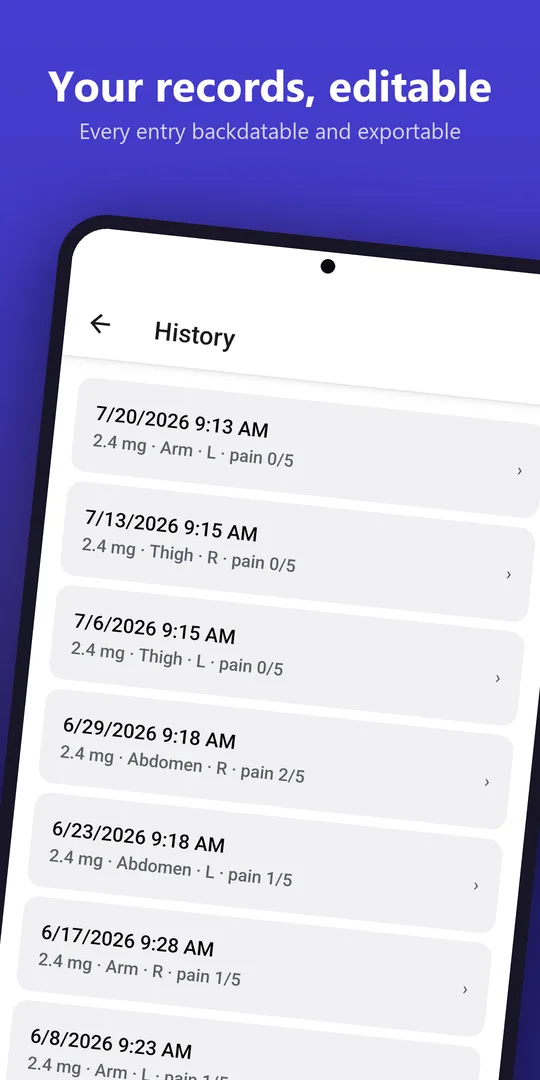 Your records, editable — backdatable, exportable history