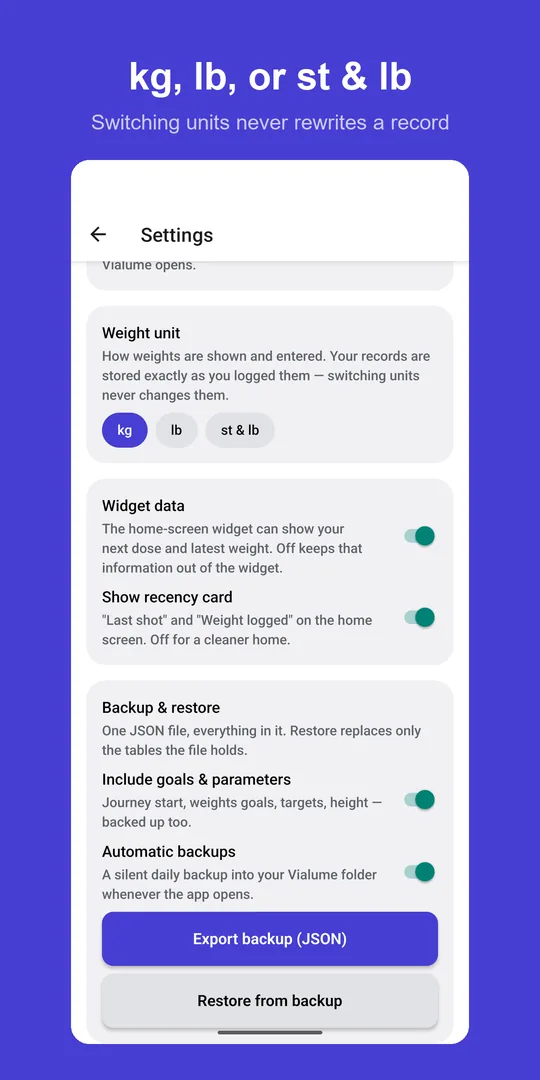 Settings with the weight unit choice: kilograms, pounds, or stones and pounds