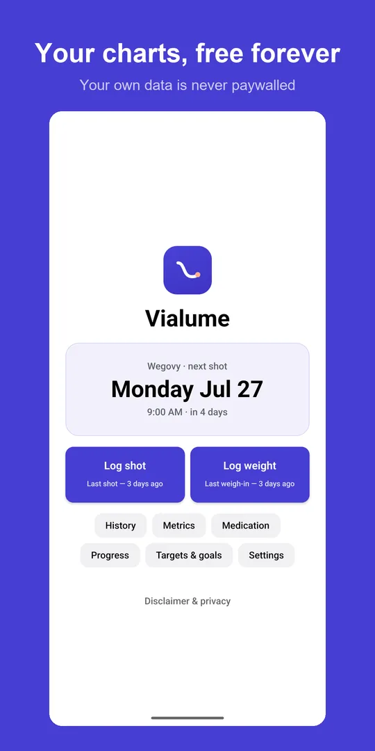 Vialume home screen showing the next-shot countdown